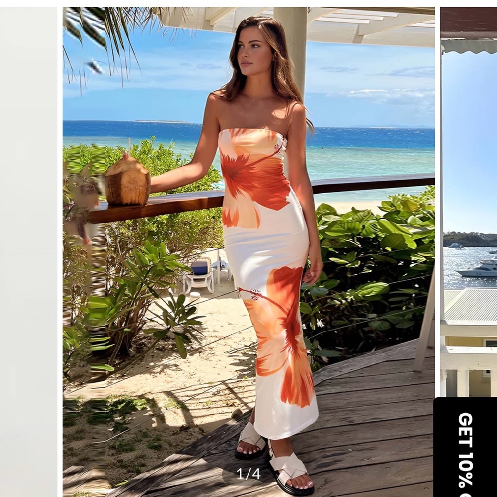 Commense Strapless Dress in White and Orange Floral